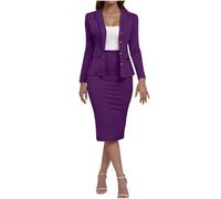 Minetom Tailleur Femme Ensemble de Costume 2 Pièces Manches Longues Veste Blazer et Jupe Crayon Elégant Formel Bureau Travail Slim Fit Ensemble B Violet M