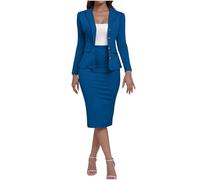 Minetom Tailleur Femme Ensemble de Costume 2 Pièces Manches Longues Veste Blazer et Jupe Crayon Elégant Formel Bureau Travail Slim Fit Ensemble B Bleu XL
