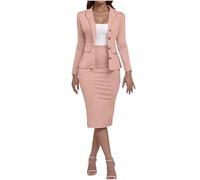 Minetom Tailleur Femme Ensemble de Costume 2 Pièces Manches Longues Veste Blazer et Jupe Crayon Elégant Formel Bureau Travail Slim Fit Ensemble B Rose XXL