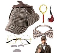 Mineup 6 Pcs Accessoires de Costume de Détective, Sherlock Holmes Cosplay Accessoires avec Chapeau de Détective, Lunettes en Métal, Loupe, Nœud Papillon, Moustache, pour Carnaval Cosplay Fêtes