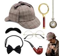 Mineup 7 Pcs Accessoires de Costume de Détective, Sherlock Holmes Cosplay Accessoires avec Chapeau de Détective, Lunettes en Métal, Loupe, Nœud Papillon, Moustache, Montre de Poche, pour Cosplay
