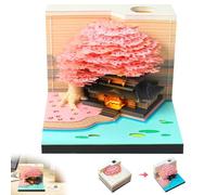 Mineup Calendrier 3D 2027, 3D Memo Pad Papier Art Sakura Arbre | Calendrier De Bureau Avec Lumières, Bloc-notes 3D vert maison sur l'arbre Calendrier, Décoration pour la Maison et le Bureau