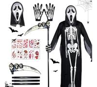 Mineup Costume De Squelette D'Halloween, Halloween Faucheuse Costume, Halloween Skeleton Onesie Avec Masque Scream, Gants, Costum De Squelette Fantôme Pour Mardi Gras Party Cosplay