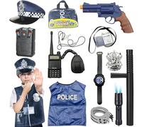 Mineup Police Deguisement Enfant, Policier Costume Accessoires, Ensemble de Costume de Police avec Menottes Talkies-Walkies Lunettes Casquette, Costume de Policier de Luxe pour Enfant Cosplay Carnaval