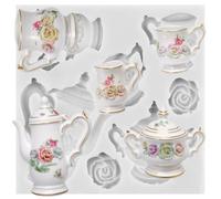 MINFEIDMS Tea-Party Moule à gâteau Théière Fête du thé Moule à fondant en silicone Fleurs de rose Moules à chocolat Tasse à thé Moule à bonbons pour décoration de gâteau de sucre Décoration de cupcake