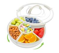Minfuerang Plat à 6 Cases Boîte à Goûter -Ø30x10cm- 360° Plateau Snack Box Rotatif avec Couvercle et Poignée,Boîte à Snacks Diviséea Ronde pour les Fruits,Bonbons,Noix,Fêtes,Pique-niques (Crème)