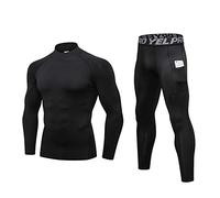 Minghe Ensemble de 2 sous-vêtements thermiques fins pour homme avec évacuation de la transpiration - col rond et leggings M Ligne noire (col montant).