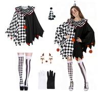 MINGJAY Costume Clown,Clown Tueur,Costumes d'Arlequin pour Femme,Cape d'Arlequin,Gants de Clowns et Tatouage,Deguisement Clowns,pour le Carnaval,Mardi Gras,Soirée à Thème