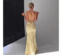 Mingmingxi femmes Maxi robe dos nu Sexy 3D broderie florale robe sirène jaune formelle gala bal robe de soirée longue new color