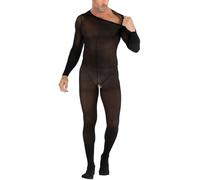 Mingnos Bodystocking à manches longues pour homme avec entrejambe ouvert - Lingerie sexy en maille filet - En nylon - Noir