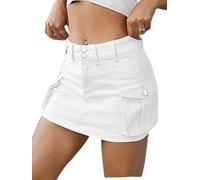 mingxinshangdian Jupe Cargo Taille Basse Mini Jupe Cargo en Jean Boutonnée pour Femme Mini-Jupe de Poche - Blanc - XS