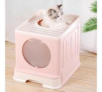 MINGYI Bac à Litière pour Chat Fermée, Grande Maison de Toilette Chat Pliable avec Couvercle, Tiroir à Litière avec Pelle, WC pour Chats, Jusqu'à 7 kg (Rose L 45×34×39 cm)