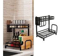 MINGYI Étagère à Épices à 2 Niveaux, Support de Rangement Cuisine avec 3 Crochets, Étagère de Rangement Épices, Organisateur Multifonctionnel Cuisine (Noir, 34×21×41,7 cm)