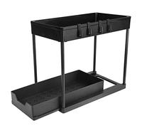 MINGYI Rangement sous Évier à 2 Niveaux, avec Tiroir Coulissant et 4 Crochets, Étagères à Épices, Étagère Rangement pour Cuisine, Bureau, Salle de Bain (Noir, 40×22×30,5 cm)