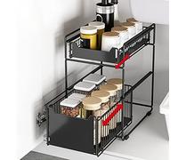 MINGYI Rangement Sous Évier à 2 Niveaux, Panier de Rangement Coulissant, Étagères à Épices Coulissante, Étagère Rangement pour Cuisine, Bureau, Salle de bain, 37,4×26,5×44 cm (Noir-1 pc)