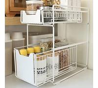 MINGYI Rangement Sous Évier à 2 Niveaux, Panier de Rangement Coulissant, Étagères à Épices Coulissante, Étagère Rangement pour Cuisine, Bureau, Salle de bain, 37,4×26,5×44 cm (Blanc-1 pc)