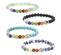 MINGZE 8MM Bracelet Pierre Naturell, 7 Coloré Elastique Bracelet Pierres Perles de Couleur Bijoux Harmonie Et Protection, pour Homme Femme Couple Anniversaire Cadeau Mere (4 Pièces Main de Fatima)