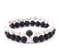MINGZE Bracelets en Pierres Naturelles 2 Pack - Distance Couple Bracelet avec Crown King & Queen Noir Mat Agate & White howlite 8 mm Perles, One Size, Pierre