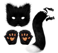 MINGZHE Ensemble Masque et Queue de Renard Therian, Masque Animal en Fourrure, Masque de Chat pour Mascarade, Masque en Peluche, Gants à Pattes Moelleuses, Fête D'Halloween et de