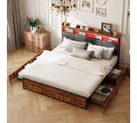 MINGZHE Lit Double avec 4 tiroirs,Tête de lit en PU avec Cadre en Fer et éclairage LED Couleur Peau de Tigre Noir Mat,Facile à Assembler,Pas de Matelas (180 * 200 cm)