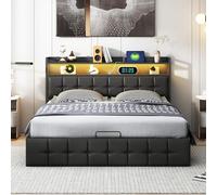 MINGZHE Lit Double rembourré 140 x 200 cm avec éclairage LED, PU, avec Prises, lit Coffre, sommier à Lattes en Bois, Lits Adulte et ado, Matelas Non Inclus, Noir (140x200cm)
