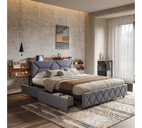 MINGZHE Lit double rembourré 140 x 200 cm, velours, tête de lit à 95 degrés, avec compartiments de rangement cachés, USB et type-c, 4 tiroirs sur roulettes, matelas non inclus, gris