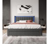 MINGZHE Lit Double rembourré 160 x 200 cm, Tissu Lin, éclairage LED orientable, 1 Grand tiroir sur roulettes, avec Ports USB et Type-C, lit Adulte et ado, Gris (160x200cm-1t)