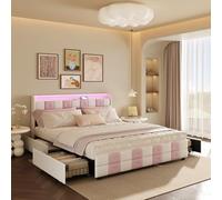 MINGZHE Lit Double rembourré 160 x 200 cm, Tissu Velours, avec Quatre tiroirs, lit Coffre, Gain de Place, lit Contemporain, sommier à Lattes, Matelas Non Inclus, Blanc et Rose