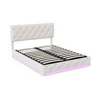 MINGZHE Lit Double rembourré, lit de Rangement à vérin à gaz hydraulique Double LED avec Grand Espace de Rangement, tête de lit réglable, Lin Beige, sans Matelas (160 * 200 cm)