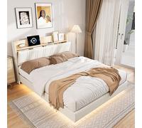 MINGZHE Lit rembourré 140 x 190 cm, PU, avec éclairage LED RGB, lit Double avec Ports USB et Prises conformes aux Normes européennes, Design Flottant, Matelas Non Inclus, Blanc