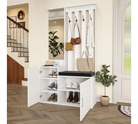 MINGZHE Porte-manteau, tabouret à chaussures + porte-chaussures, 6 en 1 miroir de coiffure multifonctionnel, super rangement, coussin amovible pour entrée, couloir, 100x40x180, blanc
