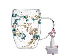Minhaxue Tasse en verre à double paroi en forme de fleurs séchée, 350ml Tasse à café isotherme en verre avec poignée, verresà latte macchiatoes, tasseà thé en verretransparent résistant à la chaleur