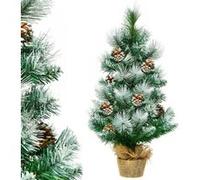 CostwayArbre de Noël Artificiel 60 Cm avec Aiguilles Enneigées Pommes de Pin Arbre de Noël Artificiel de Table Pied En Ciment Avec Toile de Lin