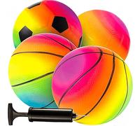 Mini Ballons de Sport Arc-en-Ciel - 12,7 cm (Lot 4) Enfants Vinyle Avec Pompe Air Manuelle, Basket Fluo, Foot et Volley-Ball, Terrain Jeux, Intérieur et Extérieur
