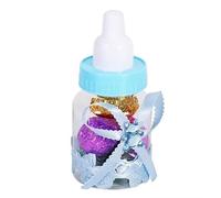 Mini Biberons à Dragées Bleus, Plastique Alimentaire, 4x9 cm, avec Strass et Ourson, Lot de 50