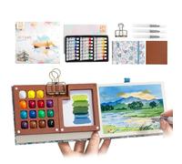 Mini boîte à peinture aquarelle : kit de voyage portable avec clips de reliure en bois, 8 grilles de palettes, stylos, papier aquarelle pour peintres, étudiants, artistes