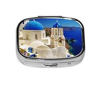 Mini boîte à pilules carrée Santorini avec vue sur la mer, 2 compartiments pour sac à main ou poche, vitamines, supplément, pilulier