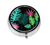 Mini boîte à pilules ronde avec feuilles tropicales, peut être mise dans un portefeuille, une poche, légère et pratique, pilulier à 3 compartiments, pilulier portable,