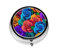 Mini boîte à pilules ronde en métal avec impression de roses multicolores 5,1 x 5,1 x 1,8 cm