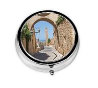 Mini boîte à pilules ronde en métal avec impression de rue italienne 5,1 x 5,1 x 1,8 cm pour sac à main