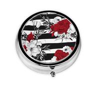Mini boîte à pilules ronde en métal avec imprimé de roses rouges et noires et blanches, 5,1 x 5,1 x 1,8 cm, pour sac à main