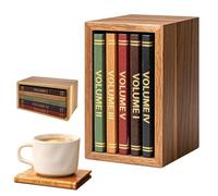 Mini Book Coasters Set - A Charming Gift for Books Lovers, 5 Pack Acacia Wood Drink Mats Bar Drinks Accessories, Unique Coasters Holder for Coffee Inspired Table Decor