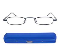 Mini Brille - Lunettes de Lecture Transparent en Métal, Monture en Acier Inoxydable (Bleu), Boite Lunette Mince en Aluminium Inclus, Lunette Homme et Femme + 1.0 Dioptrie
