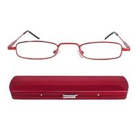 Mini Brille - Lunettes de Lecture Transparent en Métal, Monture en Acier Inoxydable (Rouge), Boite Lunette Mince en Aluminium Inclus, Lunette Homme et Femme + 2.0 Dioptrie