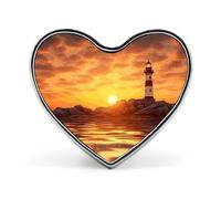 Mini broche classique en alliage d'aluminium de 2,5 cm en forme de phare de mer en forme de cœur au coucher du soleil - Pour sac à dos, chapeau, costume, veste, décoration de vêtements