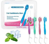 Mini brosses à dents jetables 5 en 1 avec fil dentaire, mini brosses à dents de voyage pré-collées avec fil dentaire, cure-langue et gratte-langue, pour le travail de voyage (1)