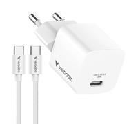 Mini chargeur secteur Verbatim GaN USB-C avec cable USB-C 20W (Blanc)