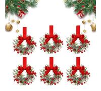 Mini Christmas Cabinet Wreaths 6PCS 6" - Red Berry Ribbon Small Wreaths, Xmas Decor for Front Door Window Fireplace Farmhouse Party (G)