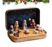 Mini Christmas Nativity Set In A Tin Box - 9.5x6x2cm 3D Resin Holy Family Sheep And Jesus, Handmade Pocket-Sized Tabletop Ornament For Christmas Stories,Desk Office Home Decor,Religious Christian Gift