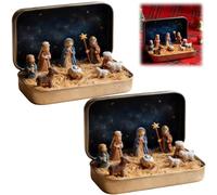Mini Christmas Nativity Set in a Tin Box,Pocket-Size Nativity Scene with Hand-Painted Figurines,Small Religious Ornament,Portable Travel & Desk Decor, for Christmas (2)